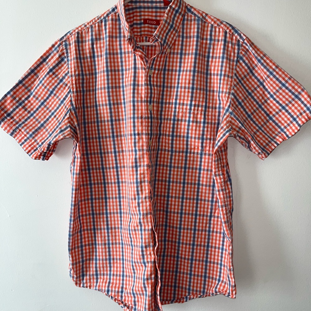 Orange and Blue Checkered Short Sleeve IZOD Button Up